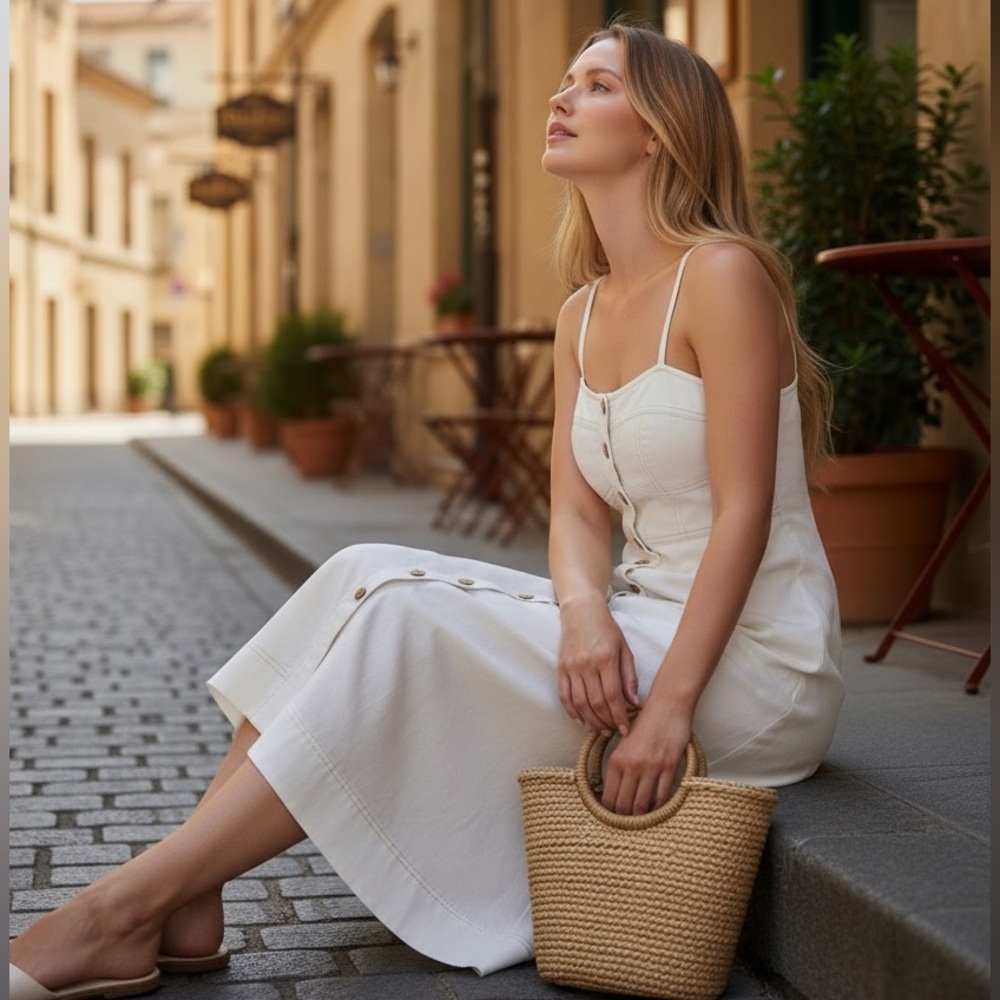 Universal Thread White Denim Button Front Midi Dr… - image 1